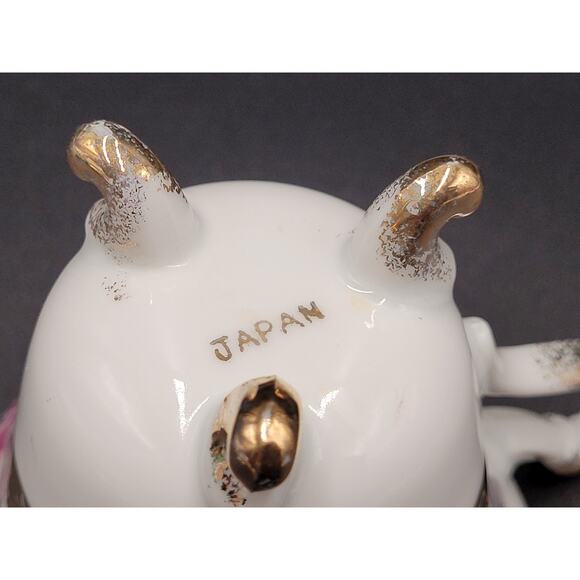 Tea Cup Porcelain Japan Roses Gold Gilt Three Footed Pink Green Floral 50s - Picture 8 of 10